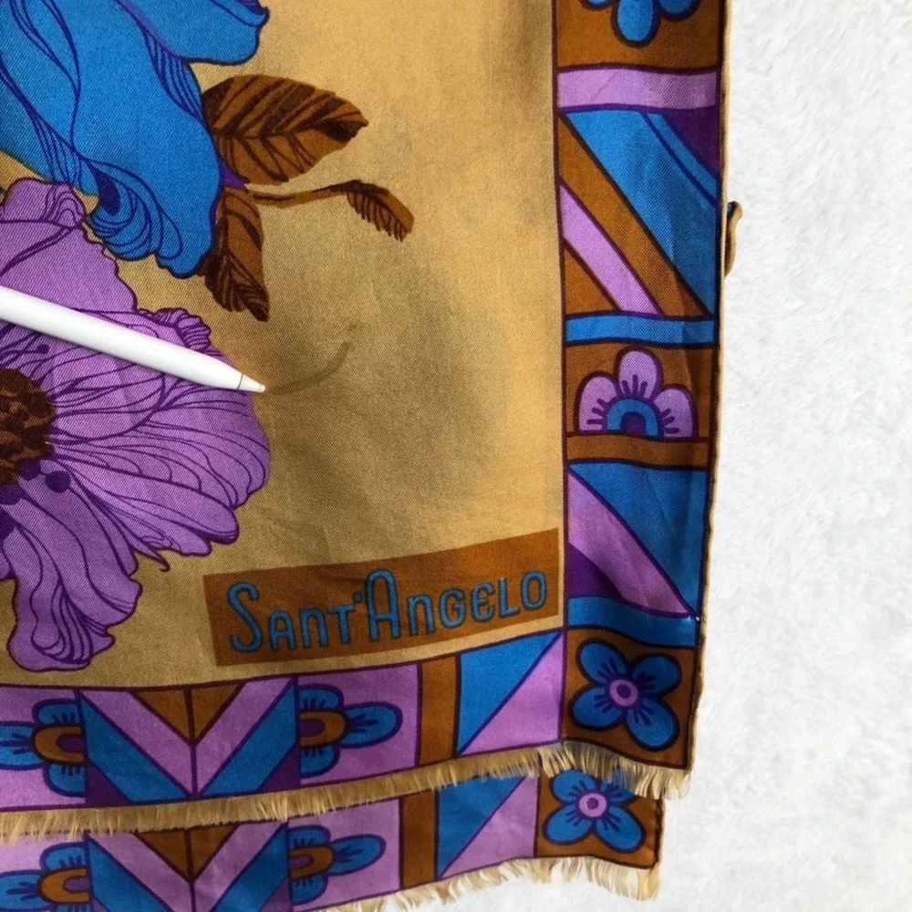 VTG Sant'Angelo Floral Geometric Oblong Scarf Blue Purple Gold‎ Fringe 14